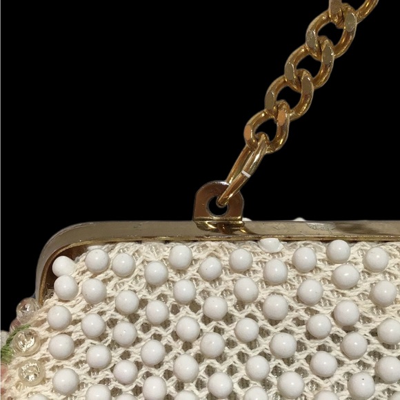 Vintage Frame Beaded Evening Bag, Ivory, Clear, Pink, Green Beading, Kiss Clasp - Picture 7 of 11